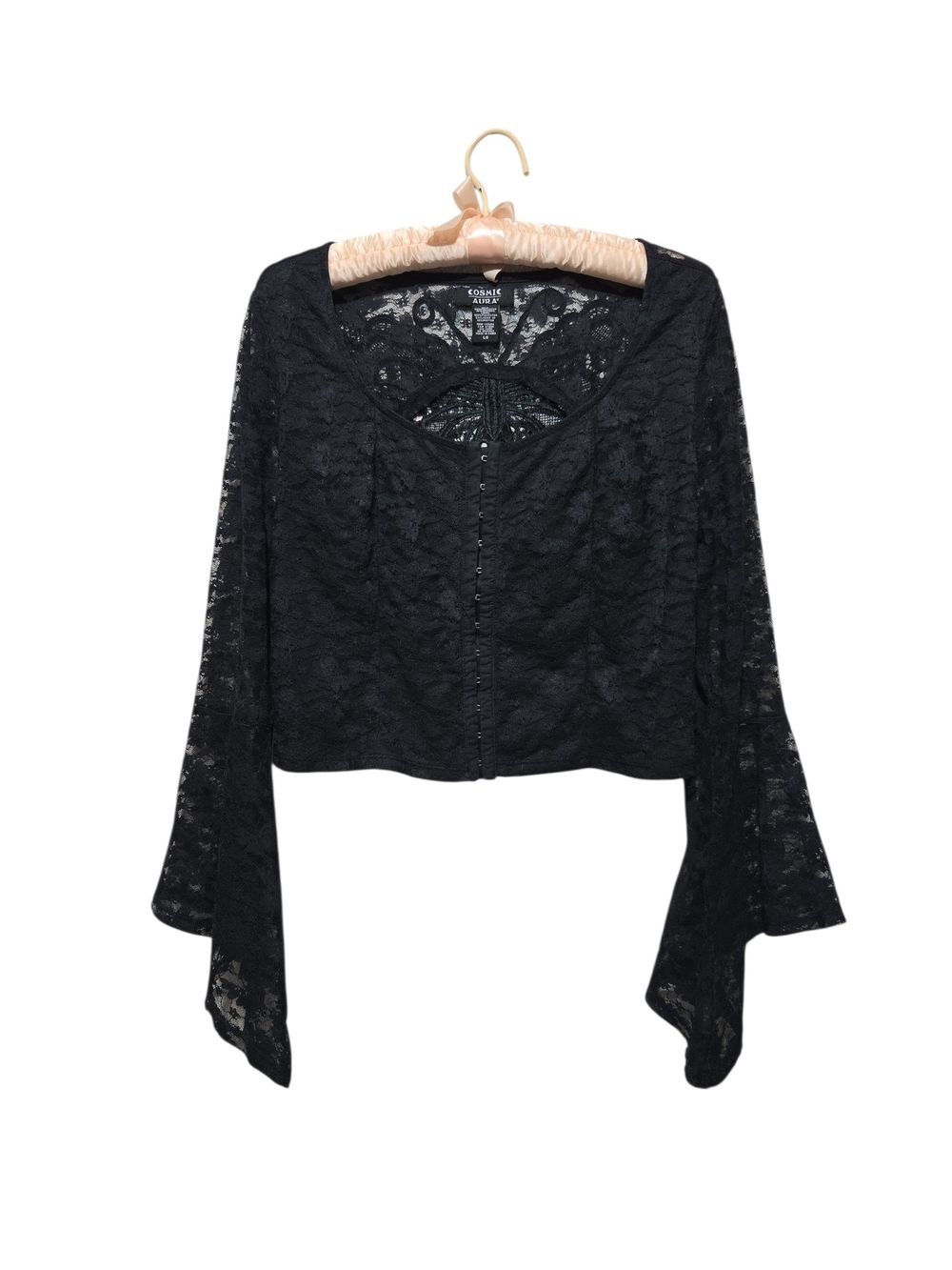 Cosmic Aura Black Lace Butterfly Top Bell-Sleeve Cropped Blouse